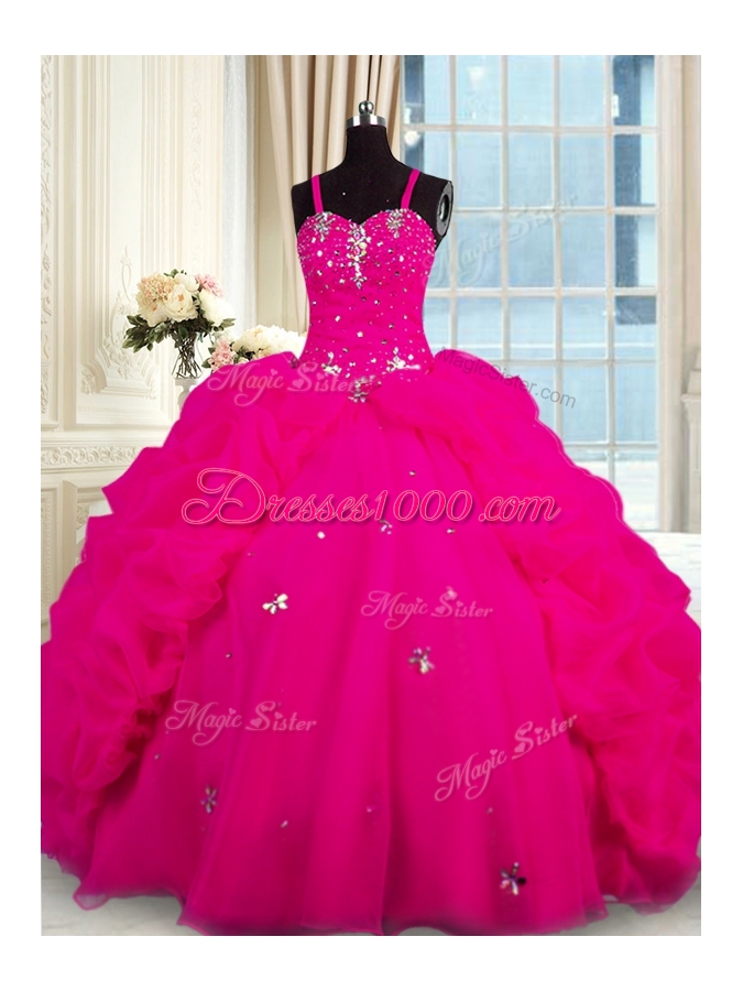 With Train Fuchsia Vestidos de Quinceanera Spaghetti Straps Sleeveless Brush Train Lace Up