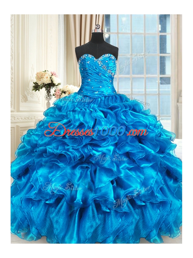 Baby Blue Sweetheart Neckline Beading and Ruffles Quinceanera Gown Sleeveless Lace Up