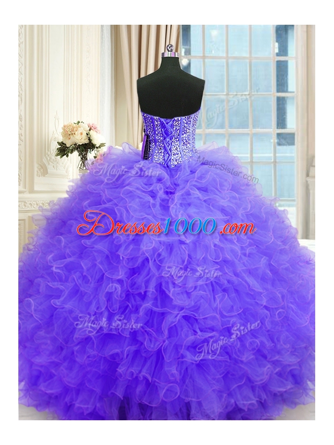 Beading and Ruffles Ball Gown Prom Dress Lavender Lace Up Sleeveless Floor Length
