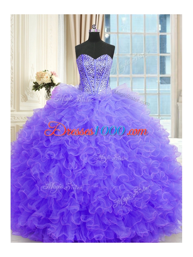 Beading and Ruffles Ball Gown Prom Dress Lavender Lace Up Sleeveless Floor Length
