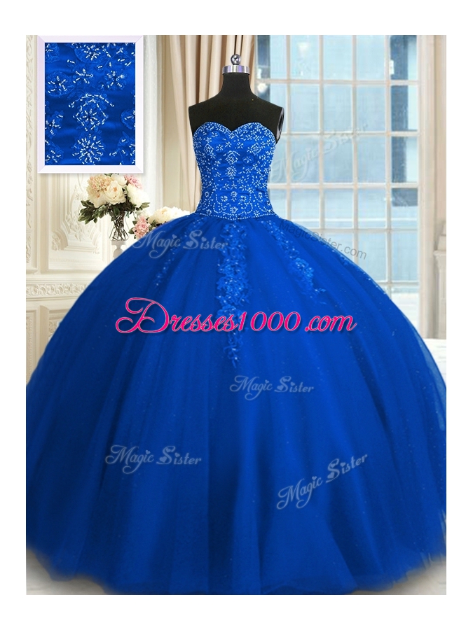 Blue Sleeveless Appliques and Embroidery Floor Length Sweet 16 Dress