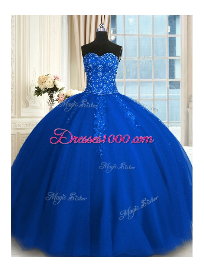 Blue Sleeveless Appliques and Embroidery Floor Length Sweet 16 Dress