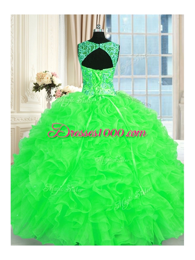Custom Design Sleeveless Beading and Embroidery and Ruffles Floor Length Quinceanera Gown