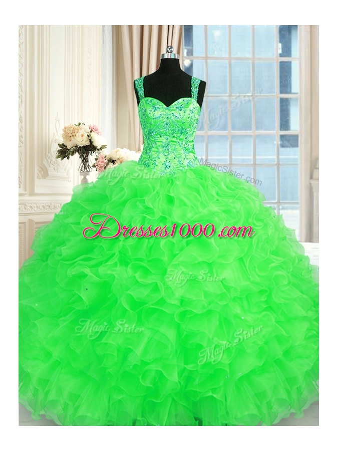 Custom Design Sleeveless Beading and Embroidery and Ruffles Floor Length Quinceanera Gown