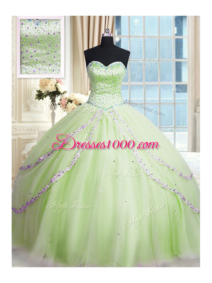 Dazzling Beading and Appliques 15 Quinceanera Dress Yellow Green Lace Up Sleeveless With Train Court Train