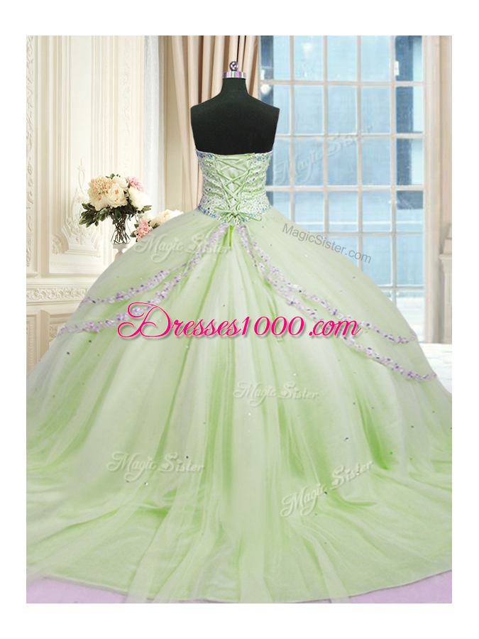 Dazzling Beading and Appliques 15 Quinceanera Dress Yellow Green Lace Up Sleeveless With Train Court Train