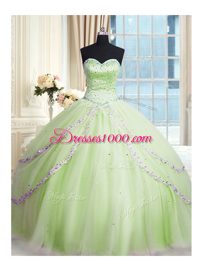 Dazzling Beading and Appliques 15 Quinceanera Dress Yellow Green Lace Up Sleeveless With Train Court Train