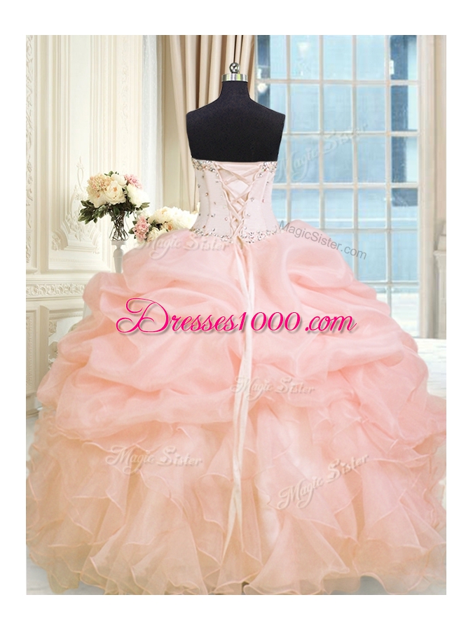 Decent Floor Length Lace Up Sweet 16 Quinceanera Dress Baby Pink and In for Military Ball and Sweet 16 and Quinceanera with Beading and Ruffles