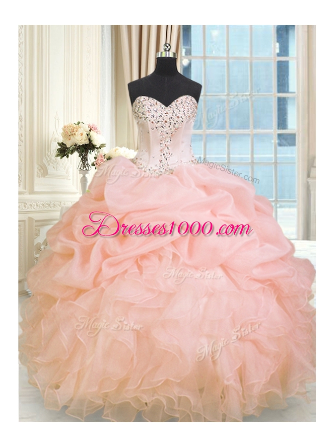 Decent Floor Length Lace Up Sweet 16 Quinceanera Dress Baby Pink and In for Military Ball and Sweet 16 and Quinceanera with Beading and Ruffles