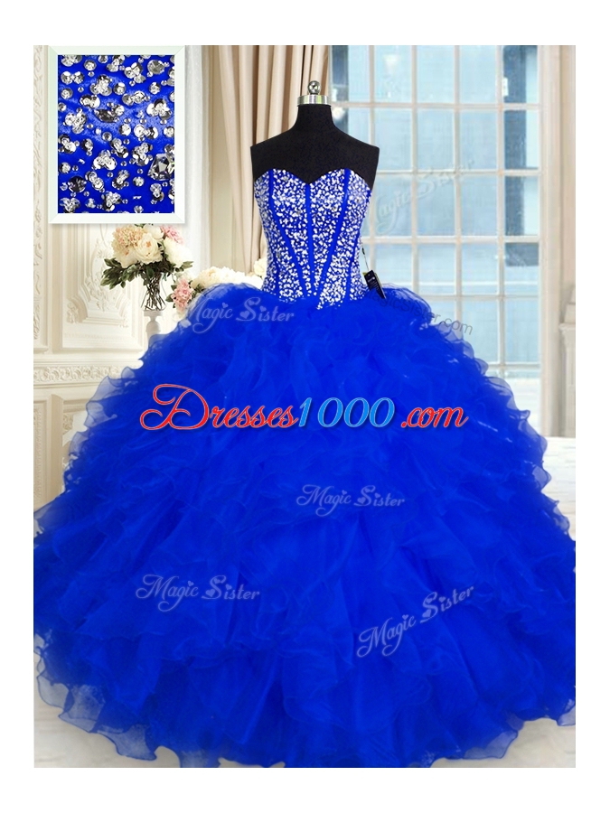 Discount Sleeveless Organza Floor Length Lace Up Sweet 16 Dress in Royal Blue for with Beading and Ruffles