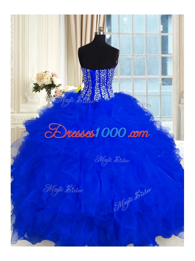 Discount Sleeveless Organza Floor Length Lace Up Sweet 16 Dress in Royal Blue for with Beading and Ruffles