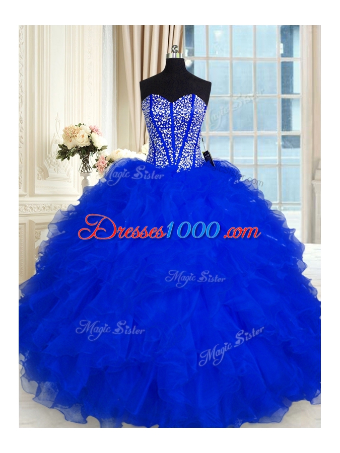 Discount Sleeveless Organza Floor Length Lace Up Sweet 16 Dress in Royal Blue for with Beading and Ruffles