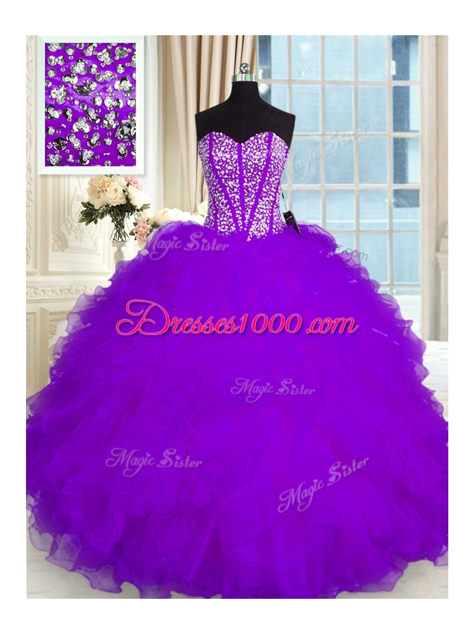 Floor Length Purple Quinceanera Dress Organza Sleeveless Beading and Ruffles