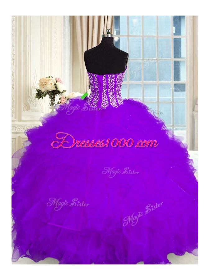 Floor Length Purple Quinceanera Dress Organza Sleeveless Beading and Ruffles