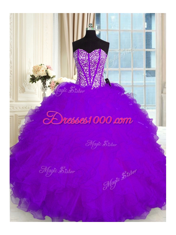 Floor Length Purple Quinceanera Dress Organza Sleeveless Beading and Ruffles