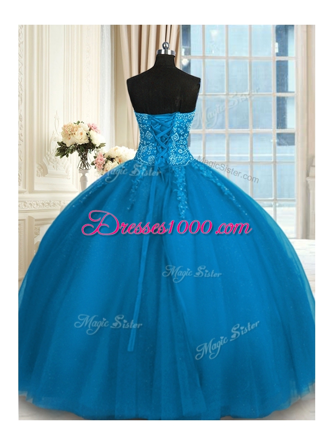 Floor Length Teal Sweet 16 Dress Tulle Sleeveless Appliques and Embroidery