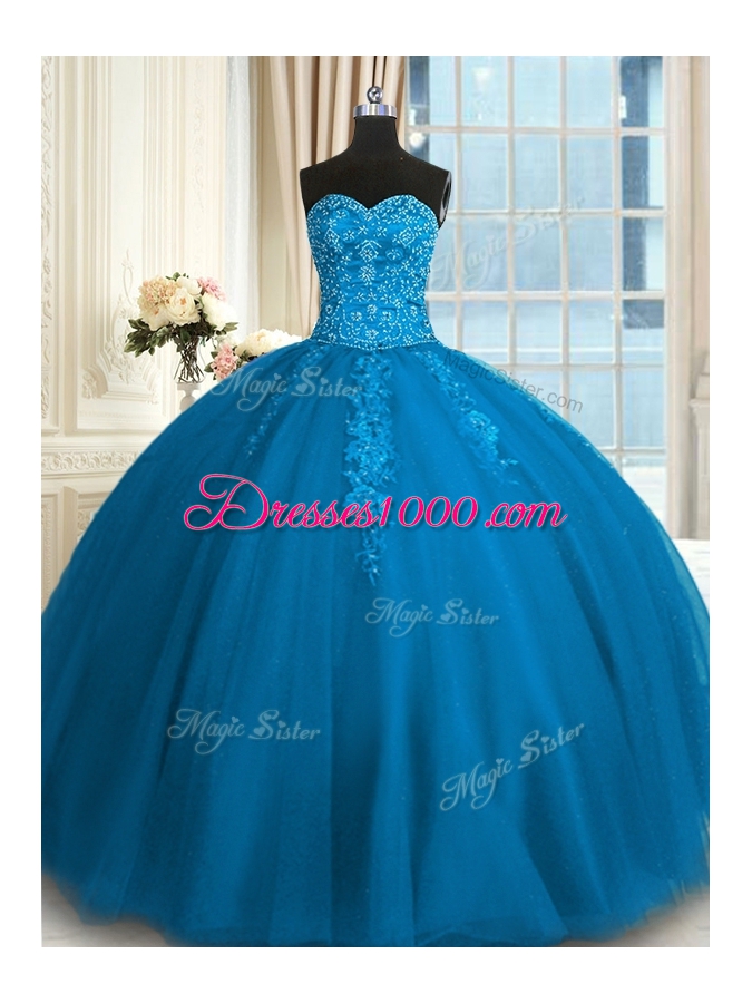 Floor Length Teal Sweet 16 Dress Tulle Sleeveless Appliques and Embroidery
