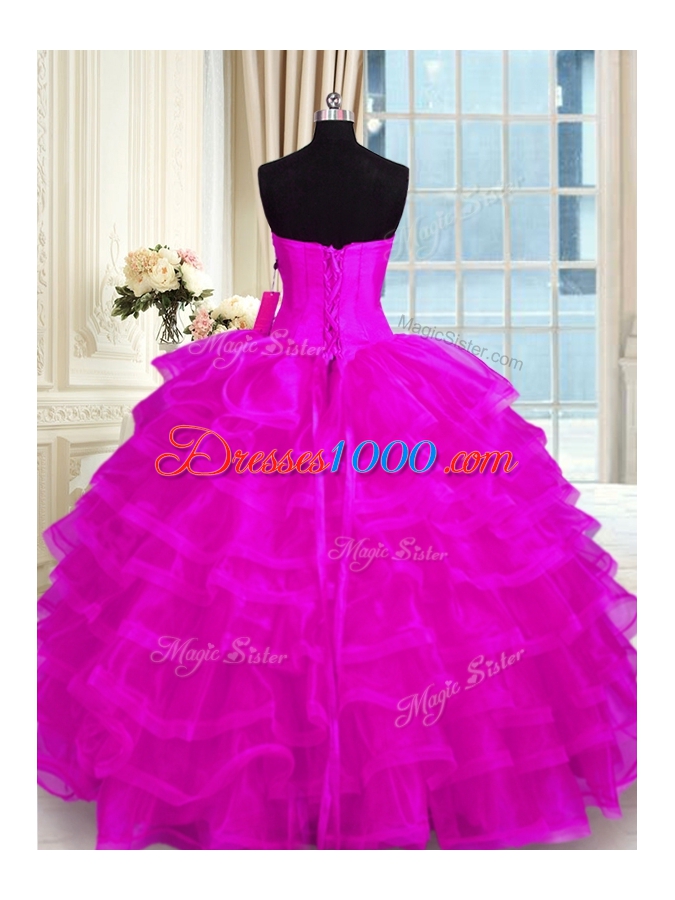 Fuchsia Sweetheart Neckline Beading and Ruffled Layers Ball Gown Prom Dress Sleeveless Lace Up