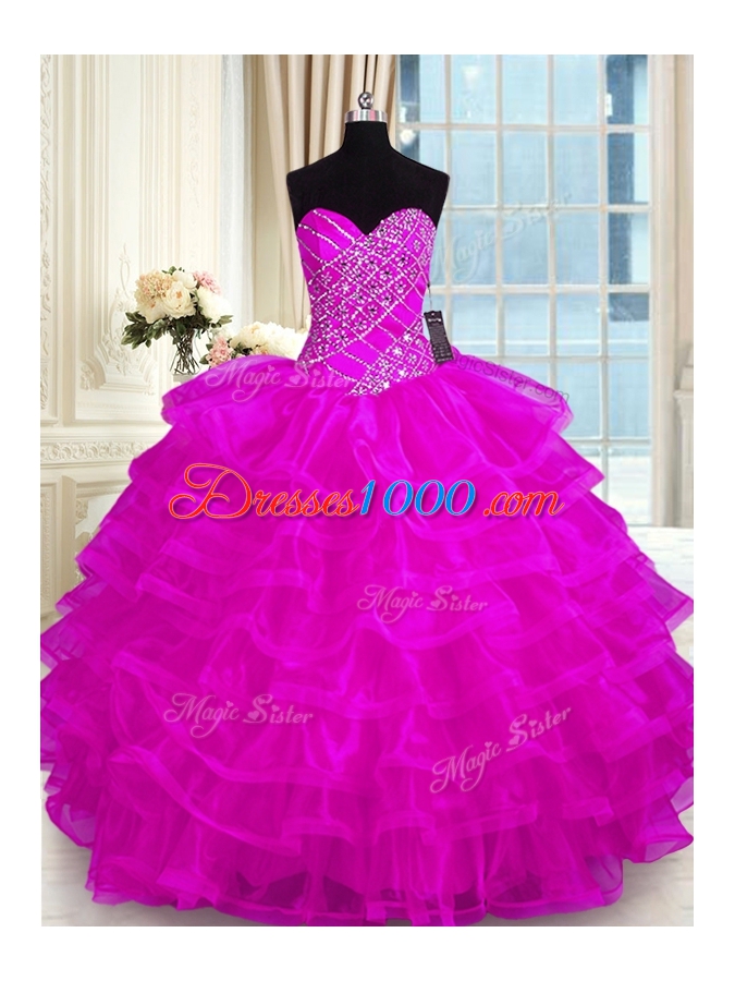 Fuchsia Sweetheart Neckline Beading and Ruffled Layers Ball Gown Prom Dress Sleeveless Lace Up