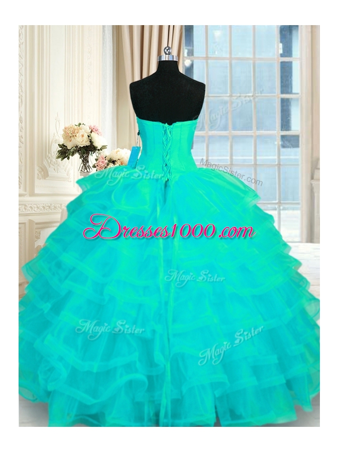 Gorgeous Turquoise Ball Gowns Beading and Ruffled Layers Quinceanera Gown Lace Up Organza Sleeveless Floor Length