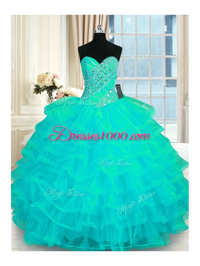 Gorgeous Turquoise Ball Gowns Beading and Ruffled Layers Quinceanera Gown Lace Up Organza Sleeveless Floor Length