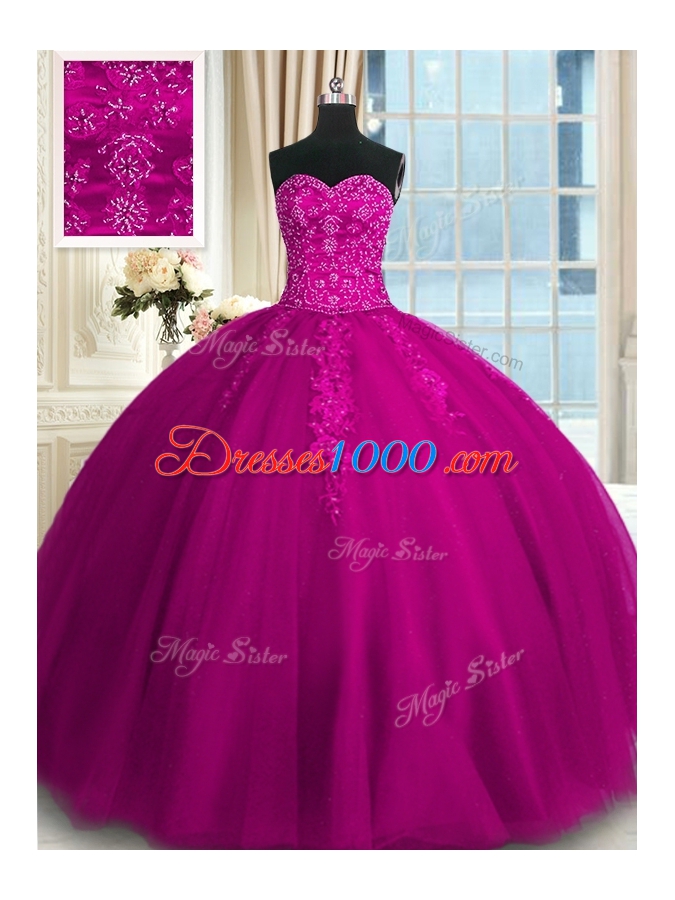 Great Appliques and Embroidery Quinceanera Gowns Fuchsia Lace Up Sleeveless Floor Length