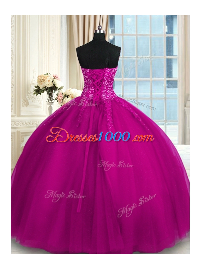 Great Appliques and Embroidery Quinceanera Gowns Fuchsia Lace Up Sleeveless Floor Length