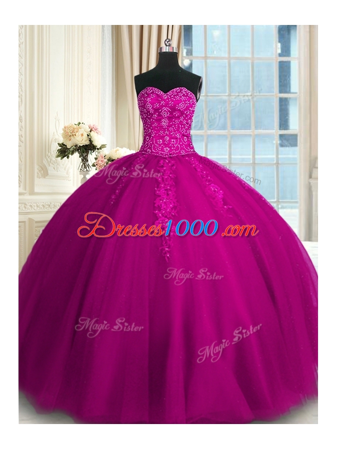 Great Appliques and Embroidery Quinceanera Gowns Fuchsia Lace Up Sleeveless Floor Length