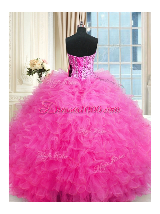 Hot Pink Tulle Lace Up Quinceanera Dresses Sleeveless Floor Length Beading and Ruffles