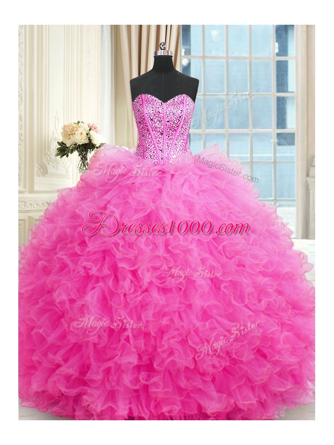 Hot Pink Tulle Lace Up Quinceanera Dresses Sleeveless Floor Length Beading and Ruffles