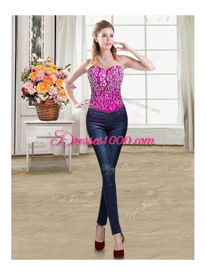 Inexpensive Three Piece Ball Gowns Sleeveless Fuchsia Quinceanera Gown Brush Train Lace Up