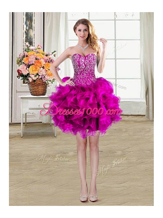 Inexpensive Three Piece Ball Gowns Sleeveless Fuchsia Quinceanera Gown Brush Train Lace Up