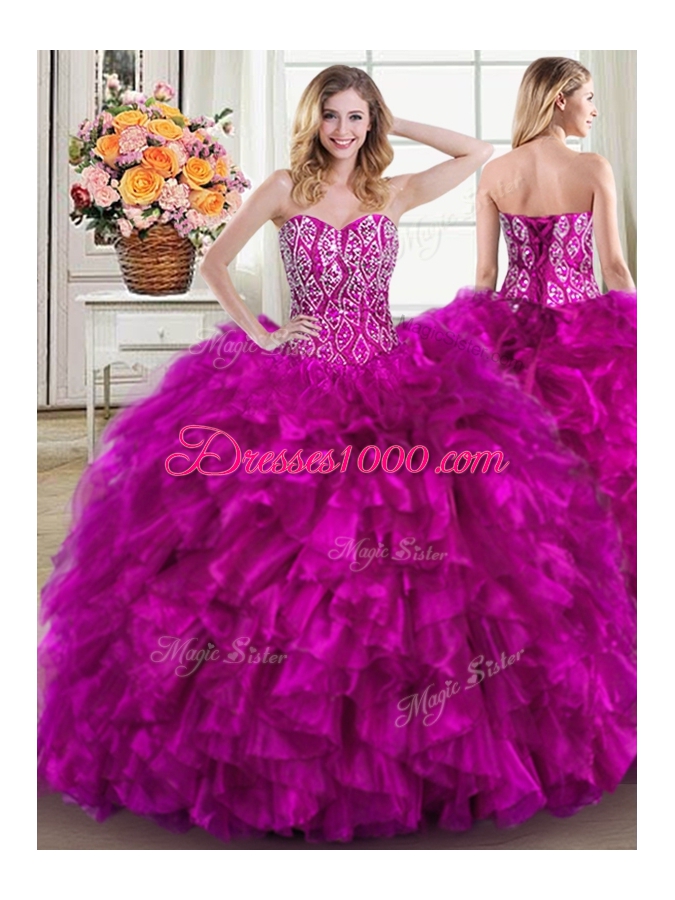 Inexpensive Three Piece Ball Gowns Sleeveless Fuchsia Quinceanera Gown Brush Train Lace Up