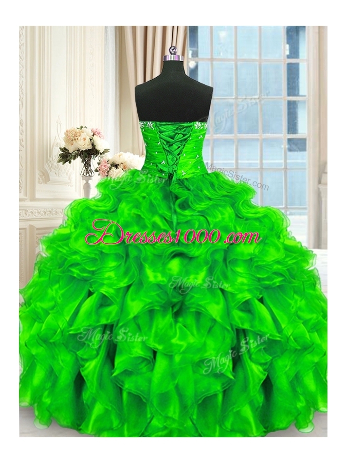 Latest Four Piece Sleeveless Organza Floor Length Lace Up Quince Ball Gowns in for with Beading and Ruffles and Ruching