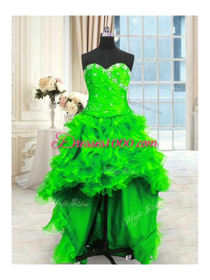 Latest Four Piece Sleeveless Organza Floor Length Lace Up Quince Ball Gowns in for with Beading and Ruffles and Ruching