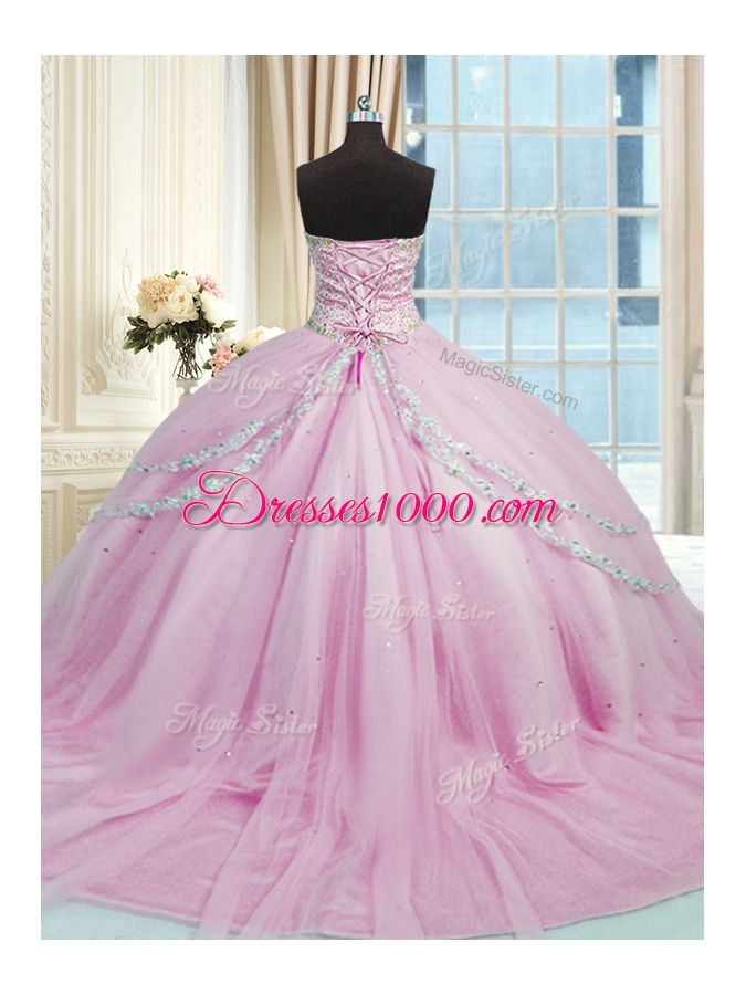 Lilac Sweetheart Lace Up Beading and Appliques Sweet 16 Quinceanera Dress Court Train Sleeveless