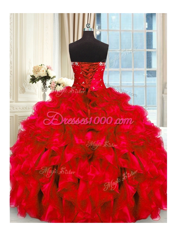 Red Sleeveless Organza Lace Up Quince Ball Gowns for Military Ball and Sweet 16 and Quinceanera