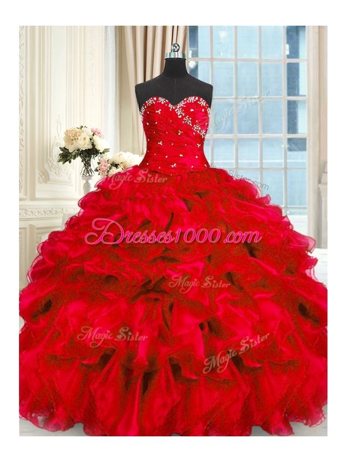 Red Sleeveless Organza Lace Up Quince Ball Gowns for Military Ball and Sweet 16 and Quinceanera