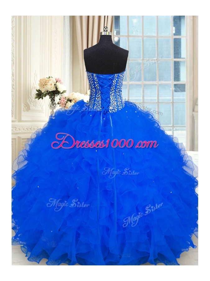 Royal Blue Organza Lace Up Quinceanera Gowns Sleeveless Floor Length Beading and Ruffles