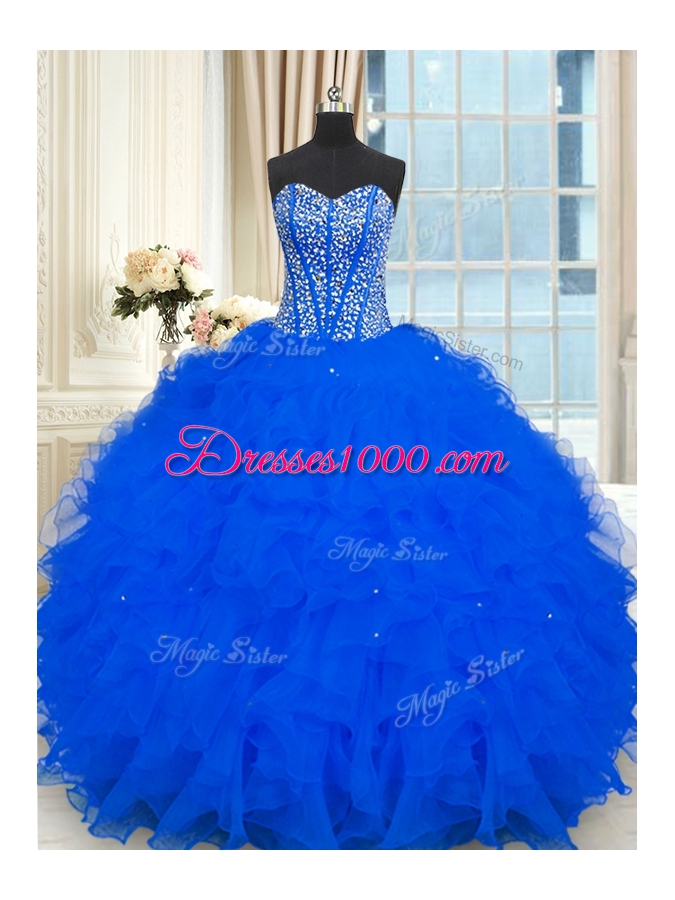 Royal Blue Organza Lace Up Quinceanera Gowns Sleeveless Floor Length Beading and Ruffles