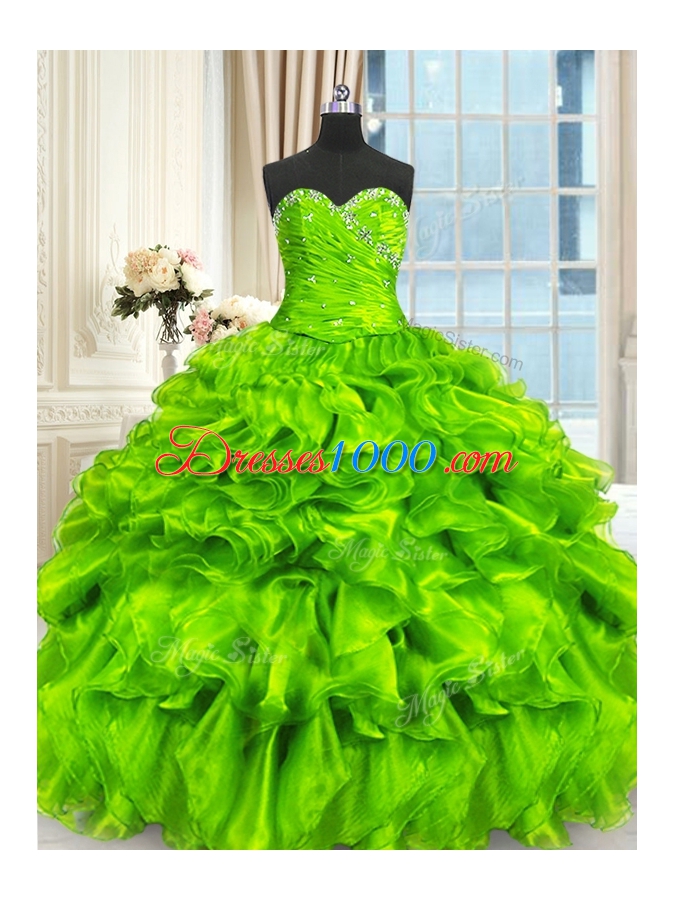 Super Beading and Ruffles and Ruching Quince Ball Gowns Lace Up Sleeveless Floor Length