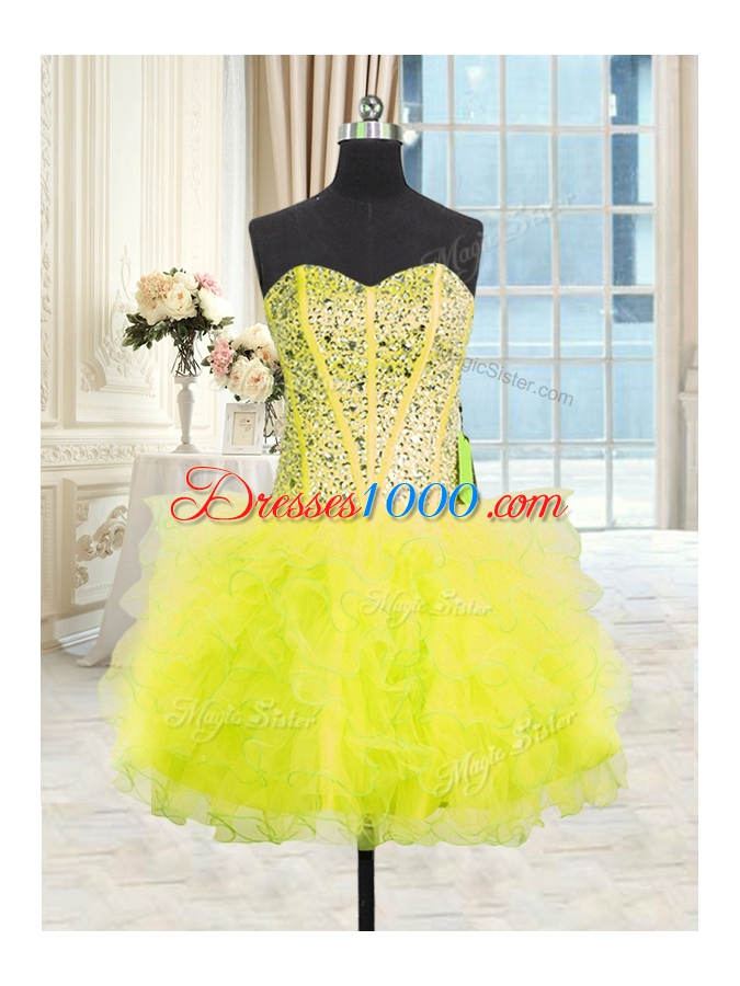 Sweet Three Piece Yellow Strapless Neckline Beading and Ruffles Quinceanera Gown Sleeveless Lace Up
