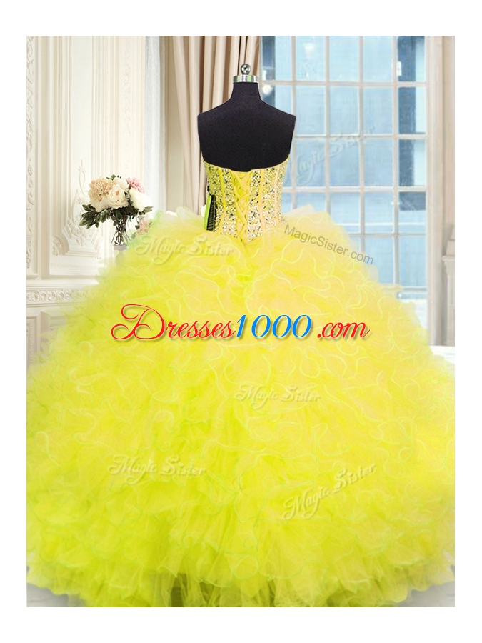 Sweet Three Piece Yellow Strapless Neckline Beading and Ruffles Quinceanera Gown Sleeveless Lace Up