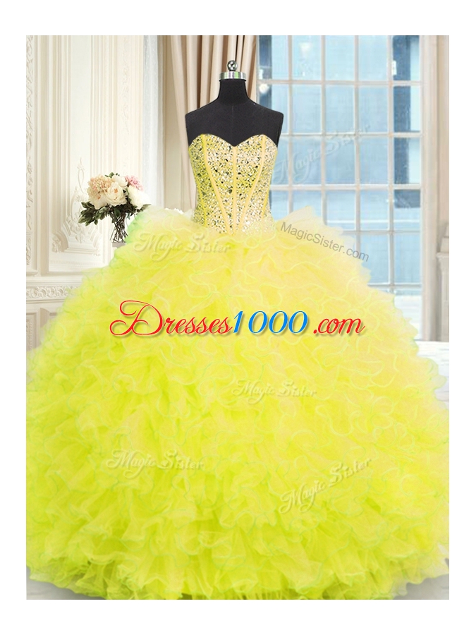 Sweet Three Piece Yellow Strapless Neckline Beading and Ruffles Quinceanera Gown Sleeveless Lace Up
