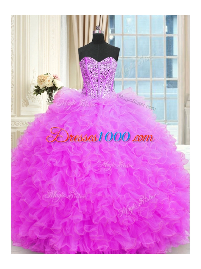 Trendy Three Piece Sleeveless Floor Length Beading and Ruffles Lace Up Quinceanera Gown with Lilac