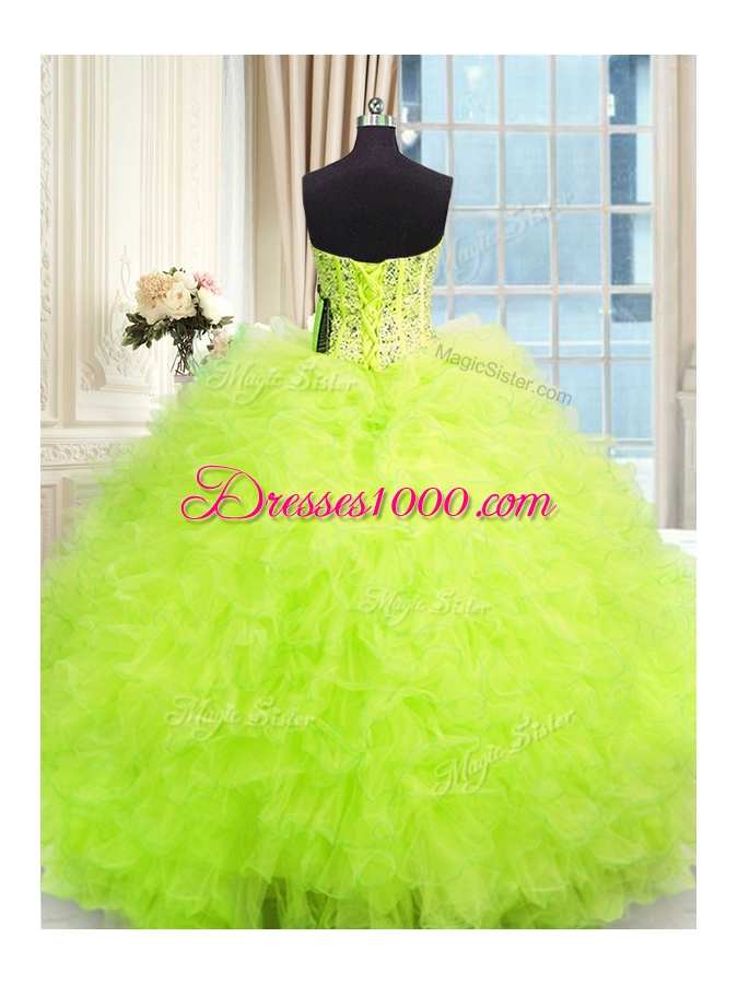 Yellow Green Ball Gowns Strapless Sleeveless Tulle Floor Length Lace Up Beading and Ruffles Sweet 16 Dress