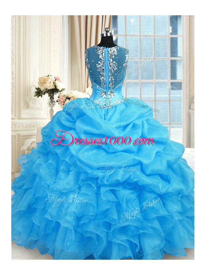 Baby Blue Organza Zipper Straps Sleeveless Floor Length Quince Ball Gowns Beading