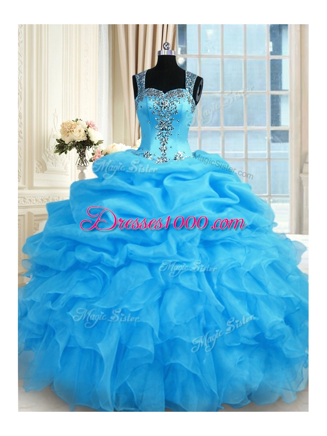 Baby Blue Organza Zipper Straps Sleeveless Floor Length Quince Ball Gowns Beading