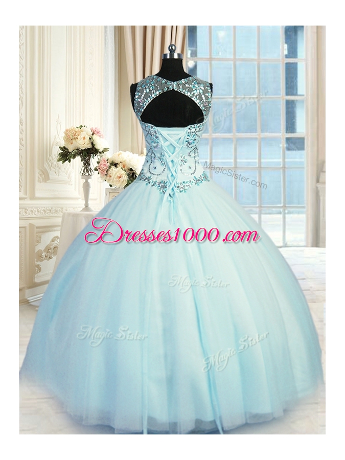 Cheap Scoop Sleeveless Lace Up Sweet 16 Dress Light Blue Tulle