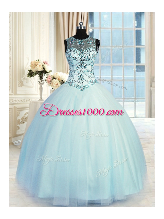 Cheap Scoop Sleeveless Lace Up Sweet 16 Dress Light Blue Tulle